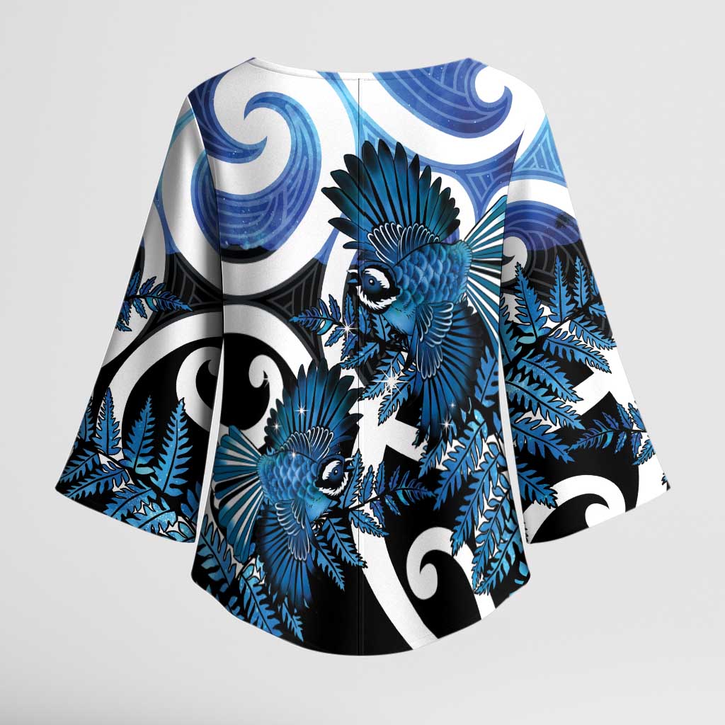 Piwakawaka New Zealand Matariki Kimono Sleeve Blouse Maori New Year Silver Fern Blue Galaxy LT14 - Polynesian Pride
