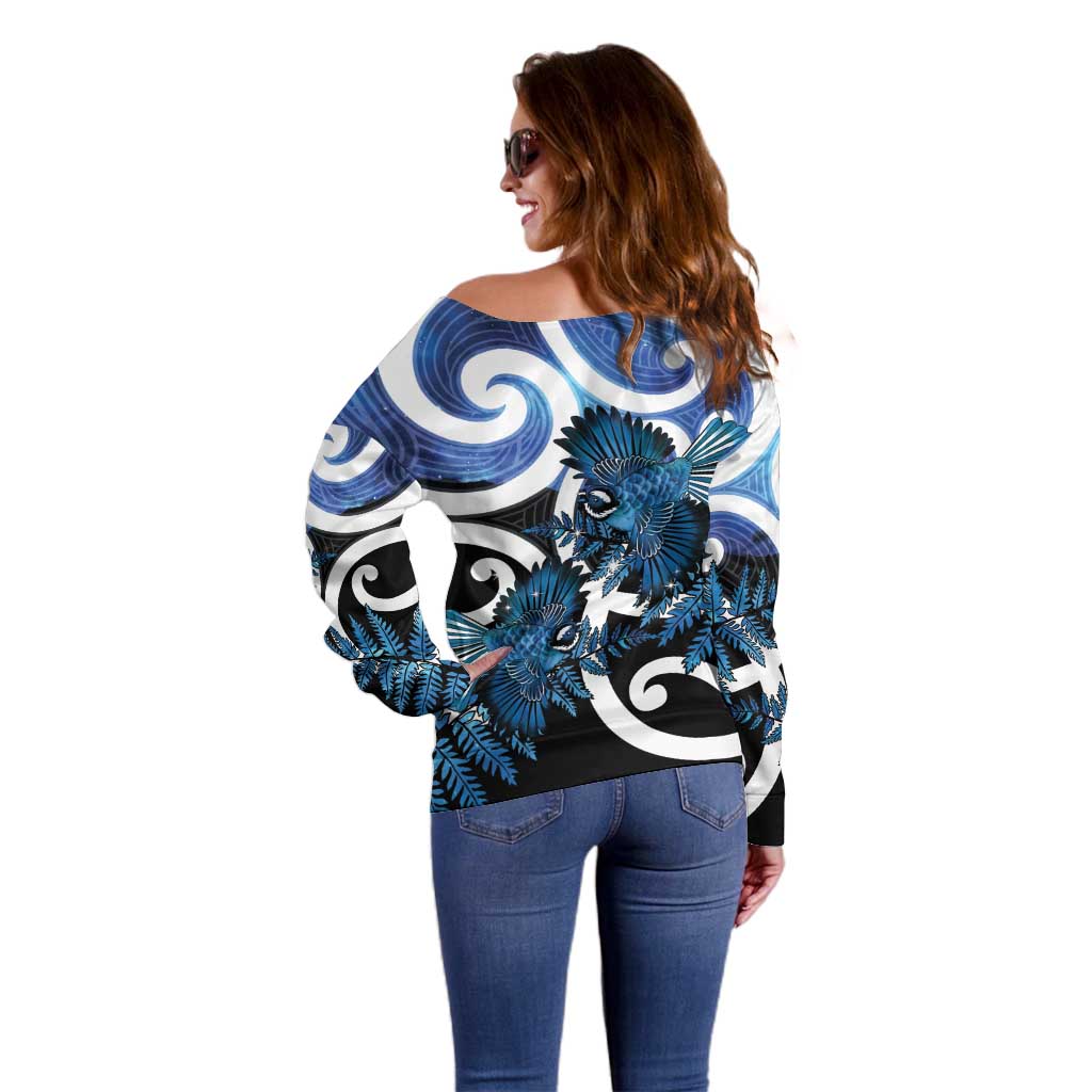 Piwakawaka New Zealand Matariki Off Shoulder Sweater Maori New Year Silver Fern Blue Galaxy LT14 - Polynesian Pride