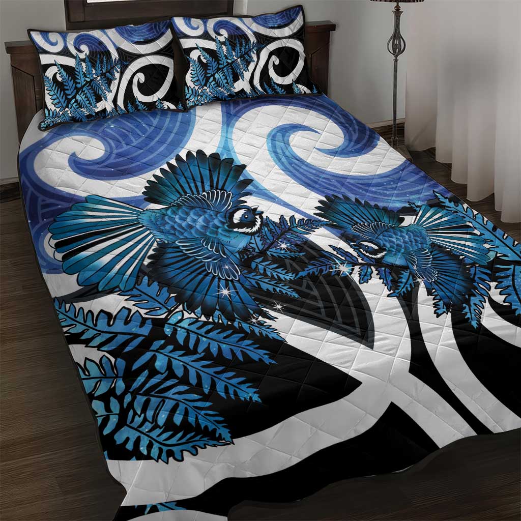 Piwakawaka New Zealand Matariki Quilt Bed Set Maori New Year Silver Fern Blue Galaxy