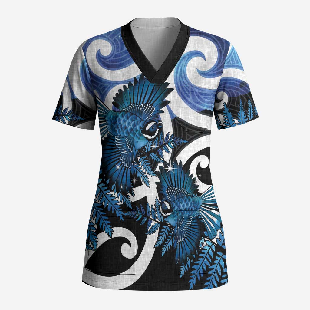 Piwakawaka New Zealand Matariki Scrub Top Maori New Year Silver Fern Blue Galaxy