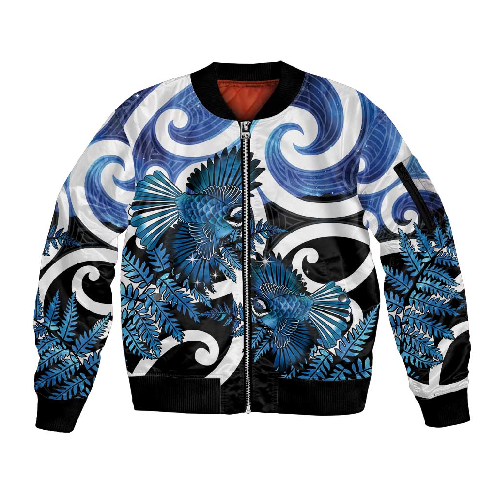 Piwakawaka New Zealand Matariki Sleeve Zip Bomber Jacket Maori New Year Silver Fern Blue Galaxy LT14 Unisex Blue - Polynesian Pride