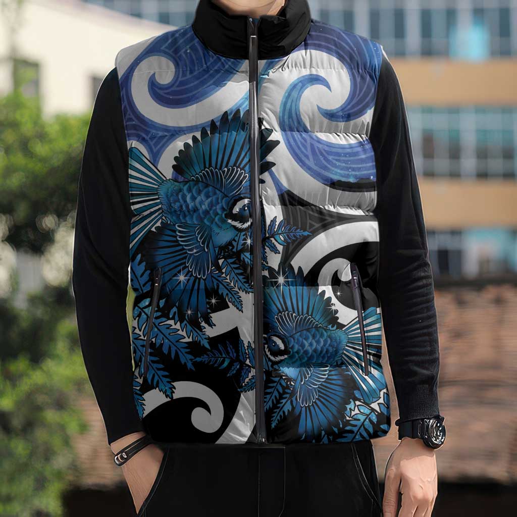 Piwakawaka New Zealand Matariki Sleeveless Puffer Jacket Maori New Year Silver Fern Blue Galaxy LT14 - Polynesian Pride