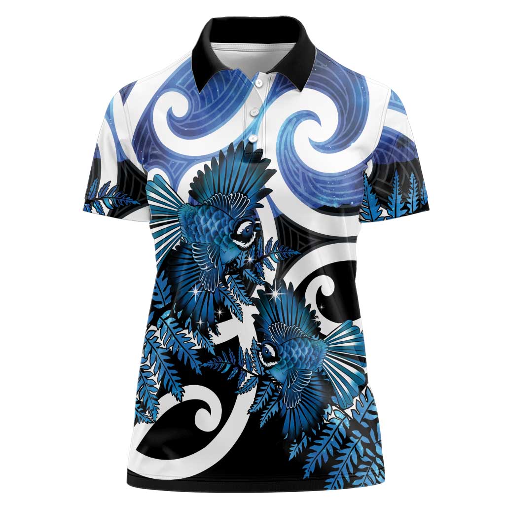 Piwakawaka New Zealand Matariki Women Polo Shirt Maori New Year Silver Fern Blue Galaxy
