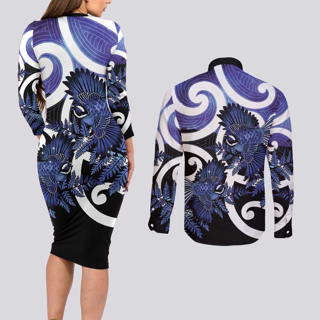 Piwakawaka New Zealand Matariki Couples Matching Long Sleeve Bodycon Dress and Long Sleeve Button Shirt Maori New Year Silver Fern Purple Galaxy LT14 - Polynesian Pride