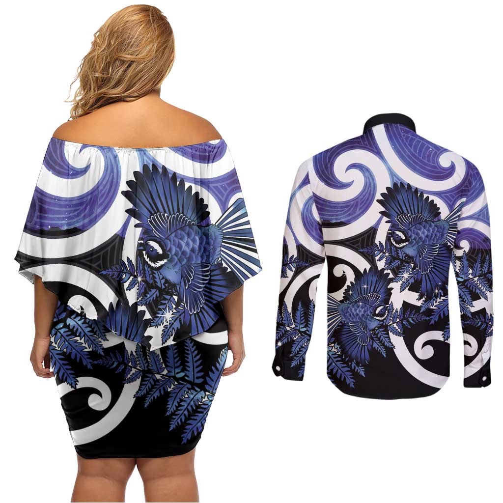 Piwakawaka New Zealand Matariki Couples Matching Off Shoulder Short Dress and Long Sleeve Button Shirt Maori New Year Silver Fern Purple Galaxy LT14 - Polynesian Pride