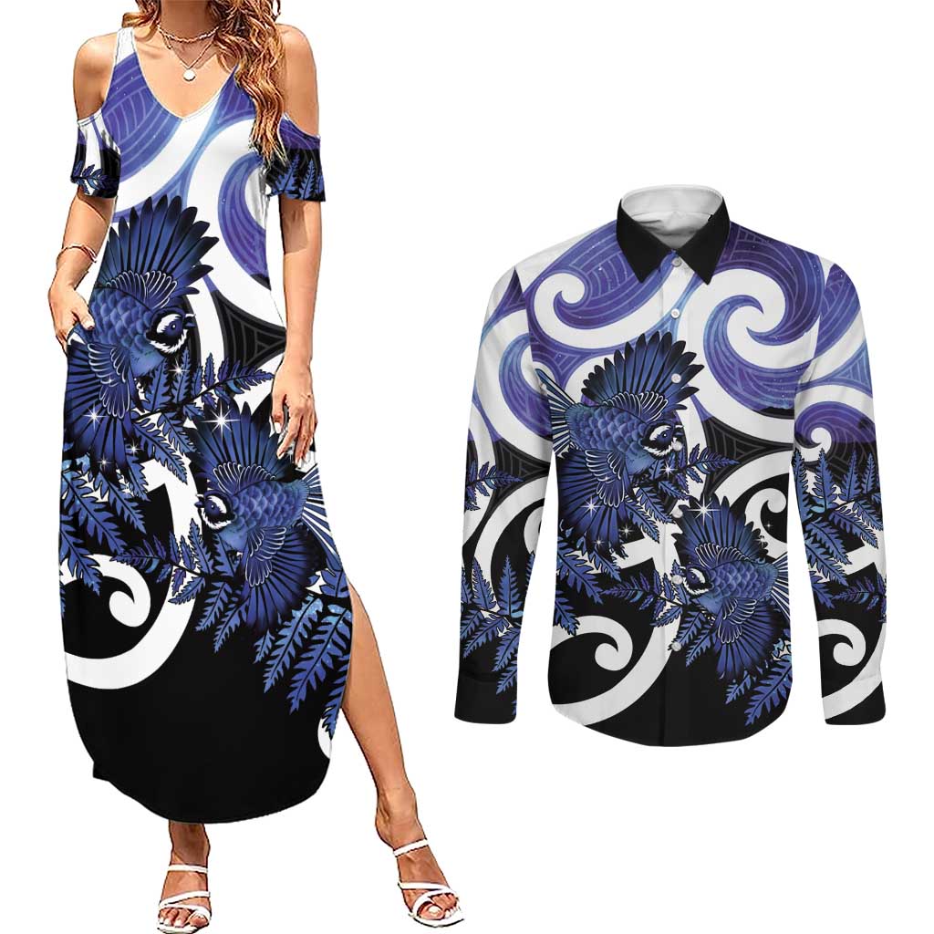 Piwakawaka New Zealand Matariki Couples Matching Summer Maxi Dress and Long Sleeve Button Shirt Maori New Year Silver Fern Purple Galaxy