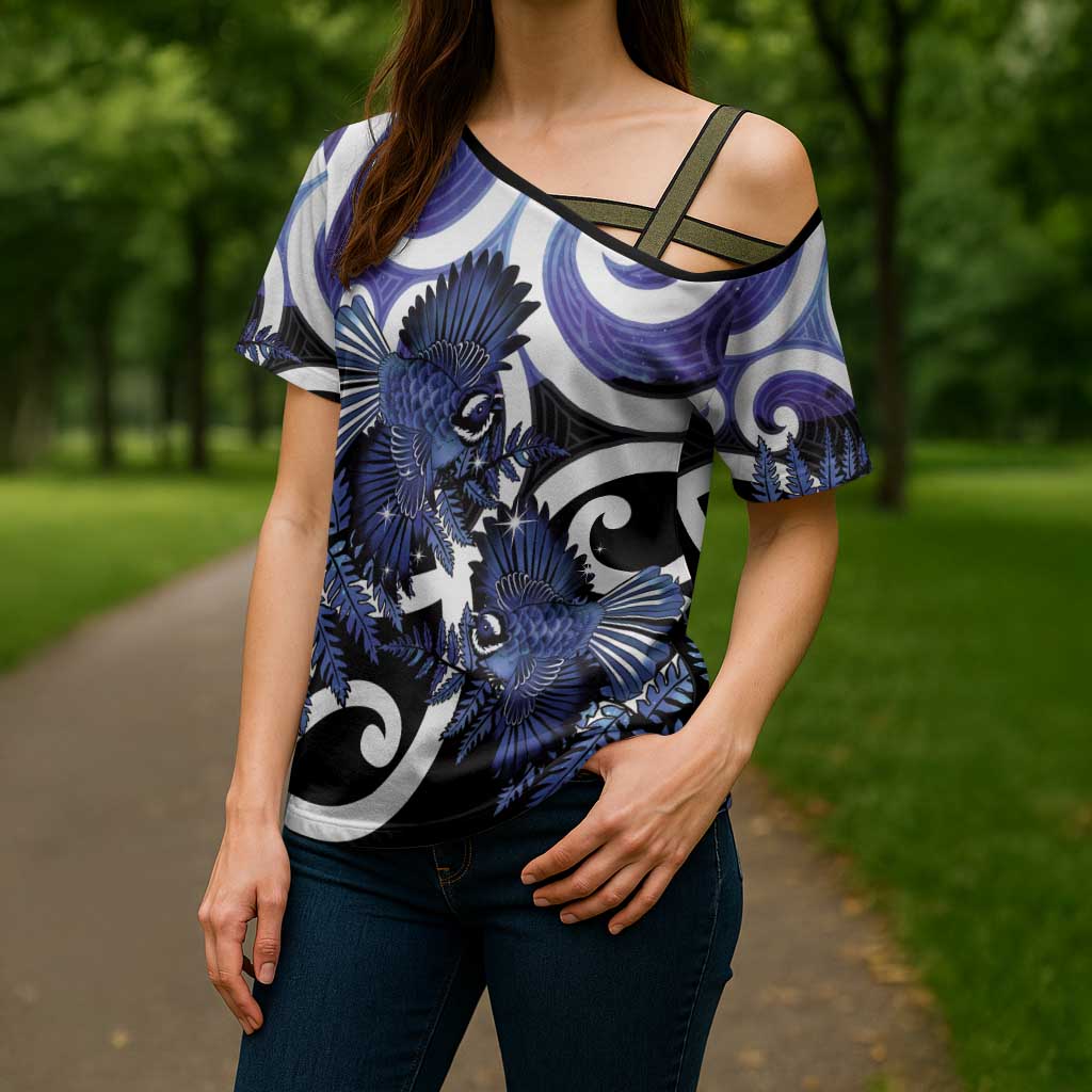 Piwakawaka New Zealand Matariki Cross Shoulder Shirt Maori New Year Silver Fern Purple Galaxy LT14 - Polynesian Pride
