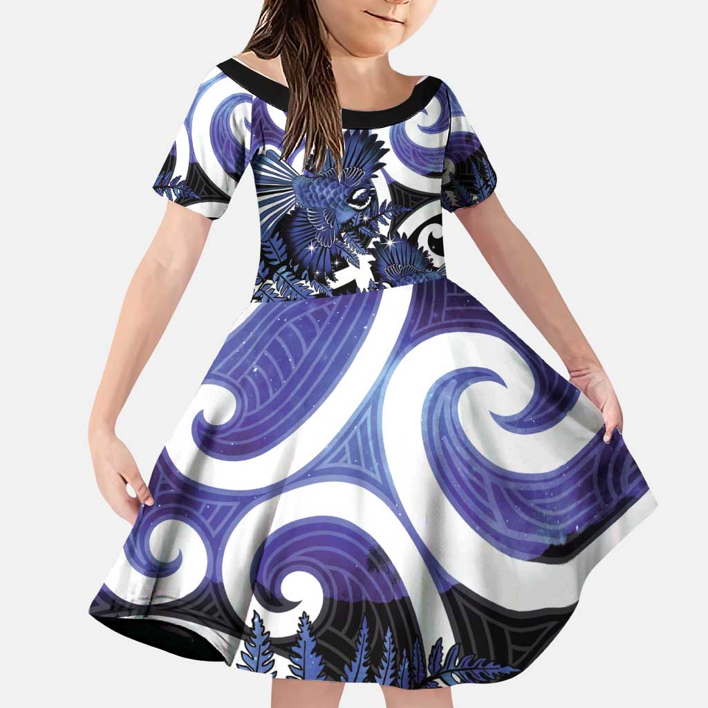 Piwakawaka New Zealand Matariki Family Matching Off The Shoulder Long Sleeve Dress and Hawaiian Shirt Maori New Year Silver Fern Purple Galaxy LT14 Daughter's Dress Purple - Polynesian Pride
