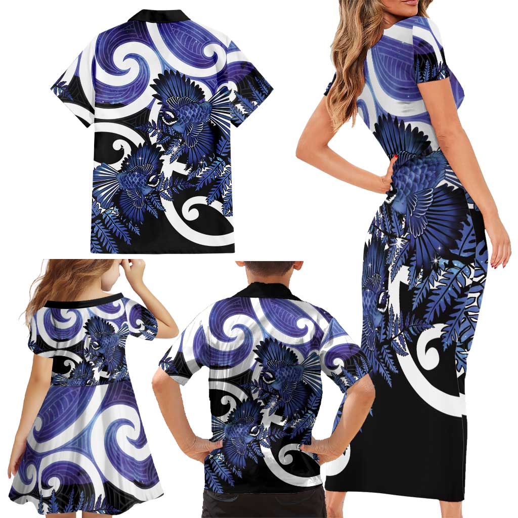 Piwakawaka New Zealand Matariki Family Matching Short Sleeve Bodycon Dress and Hawaiian Shirt Maori New Year Silver Fern Purple Galaxy LT14 - Polynesian Pride