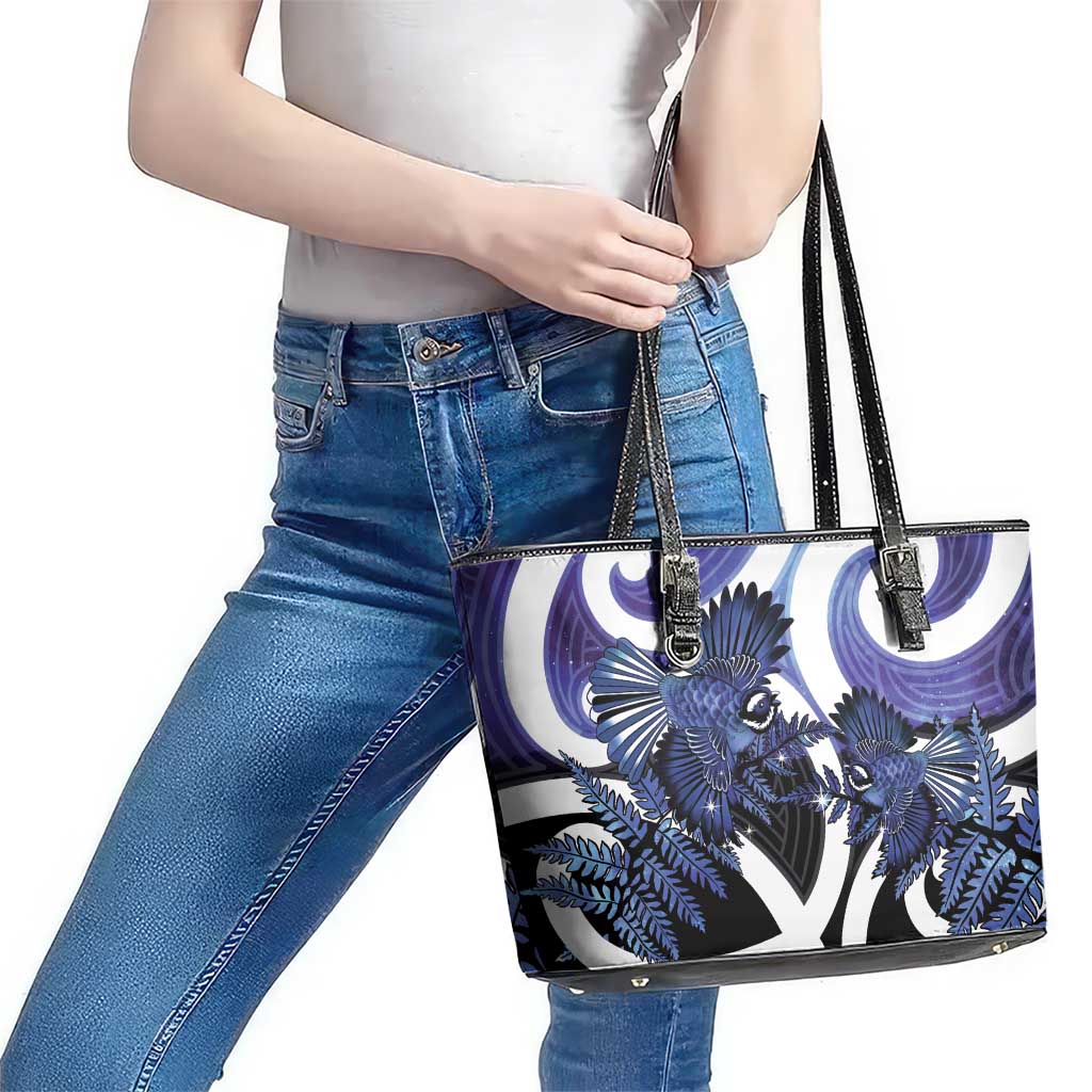 Piwakawaka New Zealand Matariki Leather Tote Bag Maori New Year Silver Fern Purple Galaxy LT14 - Polynesian Pride