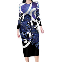 Piwakawaka New Zealand Matariki Long Sleeve Bodycon Dress Maori New Year Silver Fern Purple Galaxy LT14 Long Dress Purple - Polynesian Pride