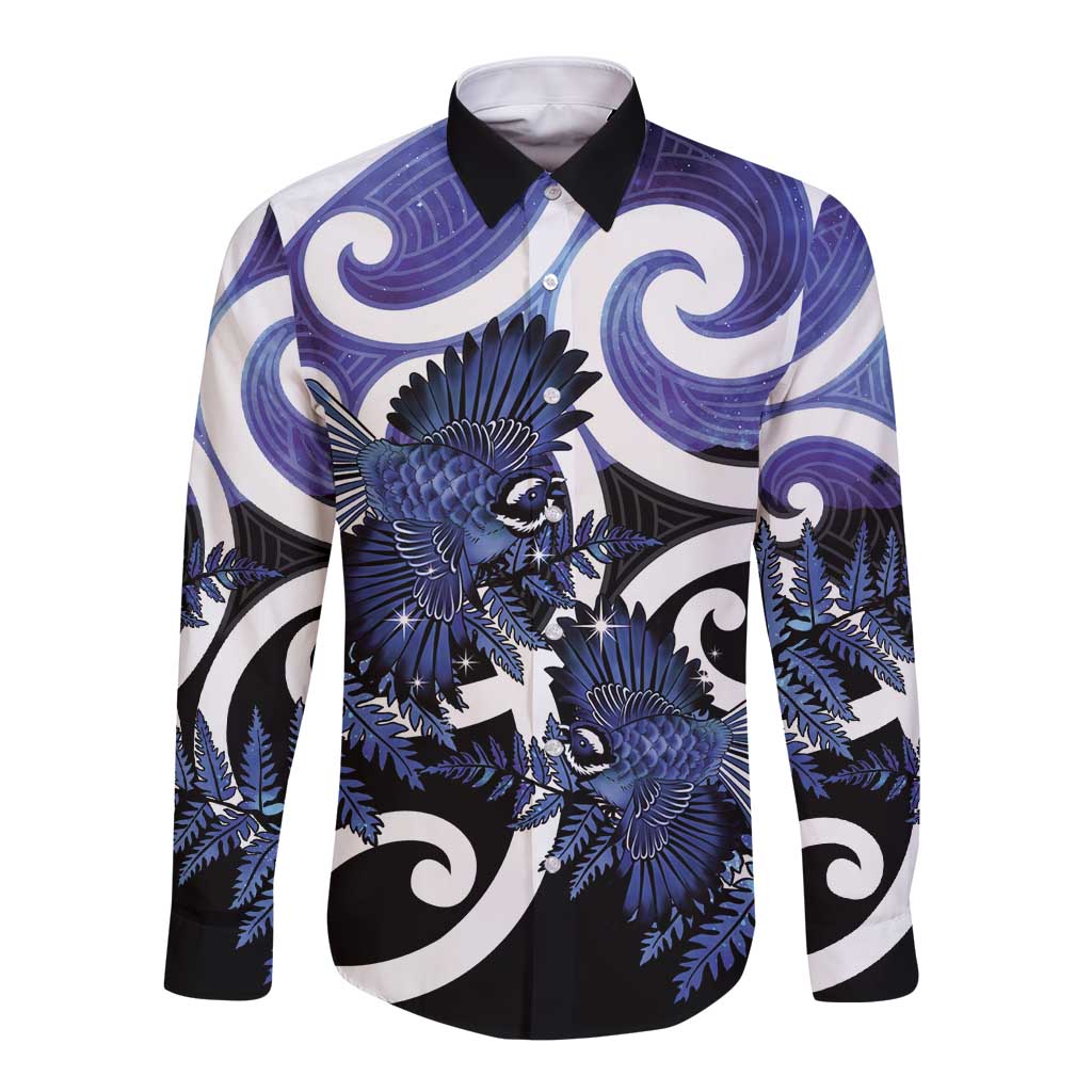 Piwakawaka New Zealand Matariki Long Sleeve Button Shirt Maori New Year Silver Fern Purple Galaxy