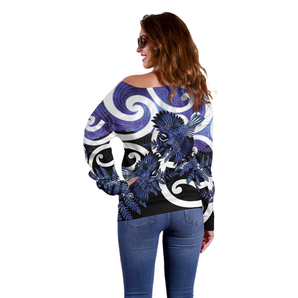 Piwakawaka New Zealand Matariki Off Shoulder Sweater Maori New Year Silver Fern Purple Galaxy LT14 - Polynesian Pride