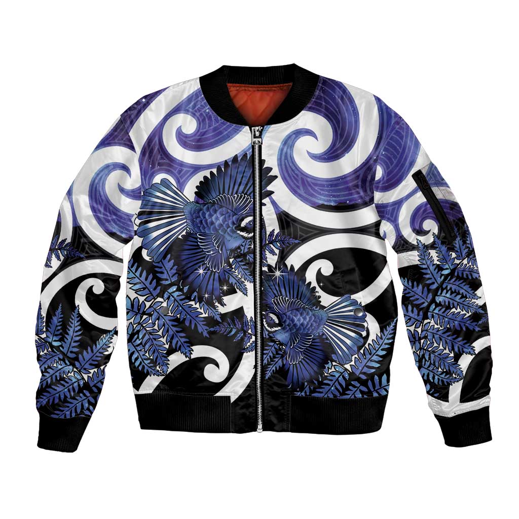 Piwakawaka New Zealand Matariki Sleeve Zip Bomber Jacket Maori New Year Silver Fern Purple Galaxy