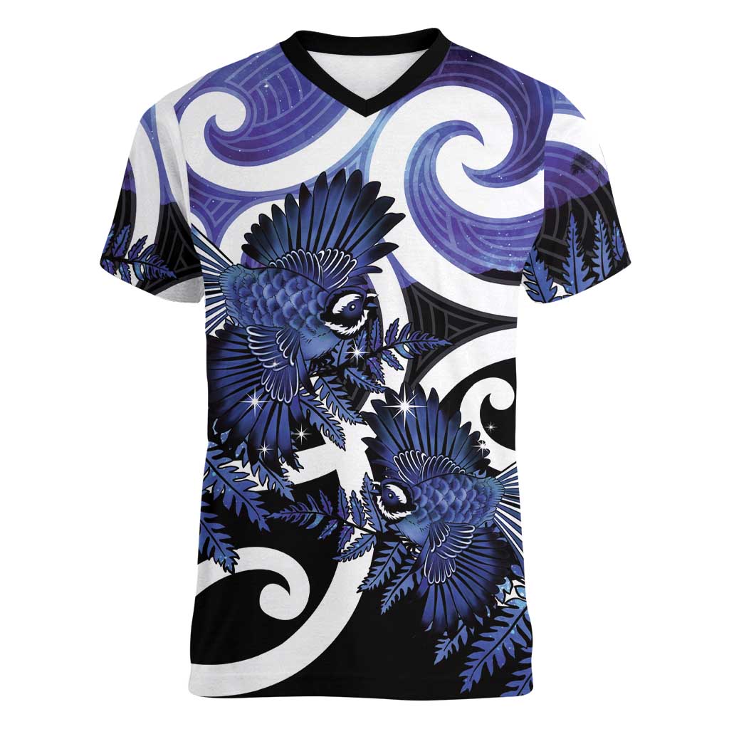 Piwakawaka New Zealand Matariki Women V-Neck T-Shirt Maori New Year Silver Fern Purple Galaxy LT14 Female Purple - Polynesian Pride