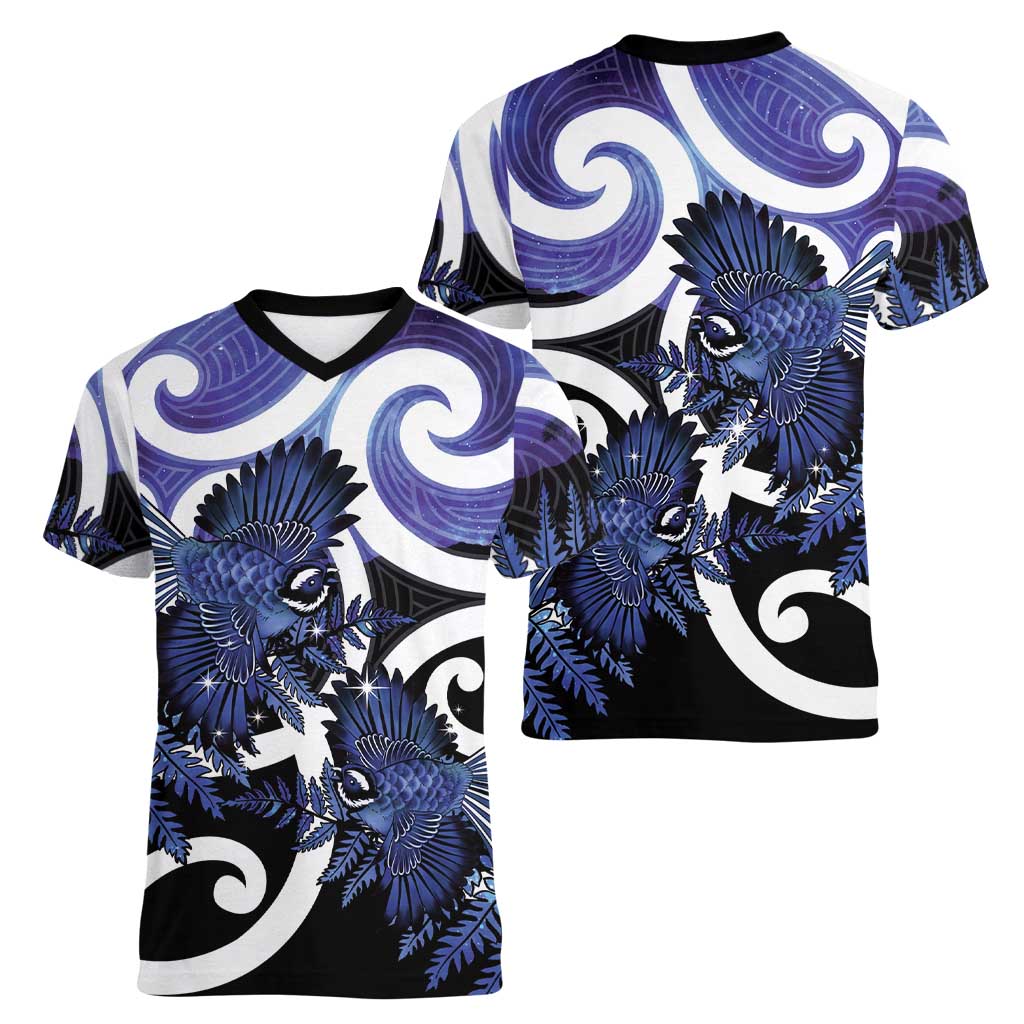 Piwakawaka New Zealand Matariki Women V-Neck T-Shirt Maori New Year Silver Fern Purple Galaxy LT14 - Polynesian Pride