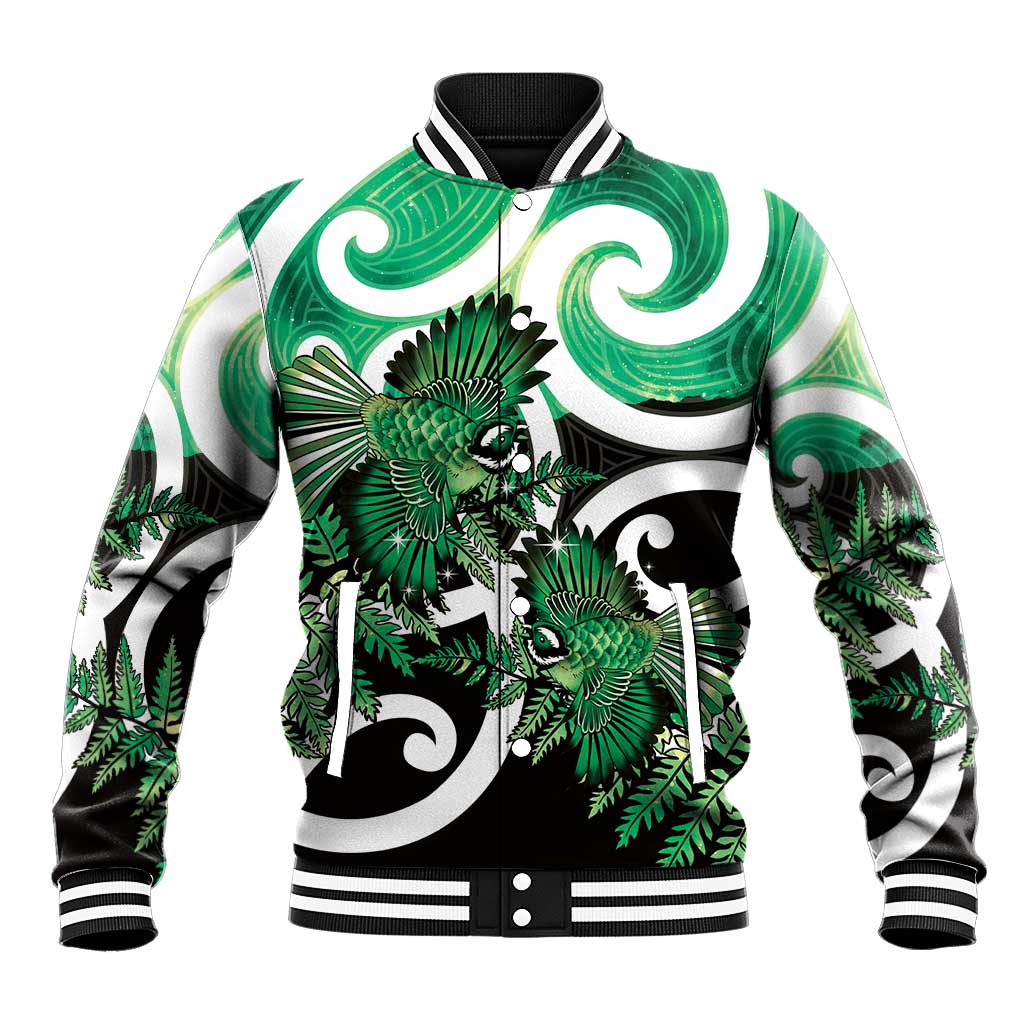 Piwakawaka New Zealand Matariki Baseball Jacket Maori New Year Silver Fern Green Galaxy LT14 Unisex Green - Polynesian Pride
