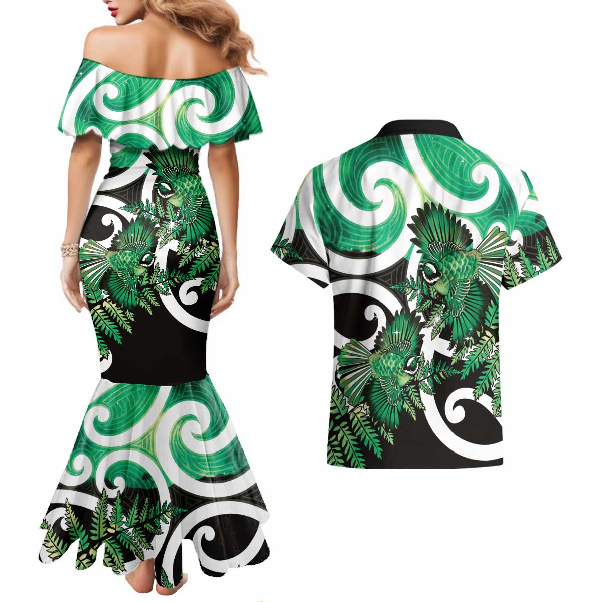 Piwakawaka New Zealand Matariki Couples Matching Mermaid Dress and Hawaiian Shirt Maori New Year Silver Fern Green Galaxy LT14 - Polynesian Pride