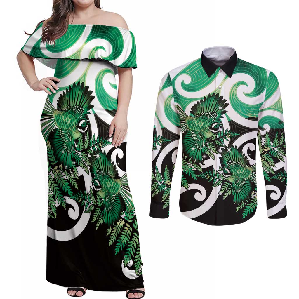 Piwakawaka New Zealand Matariki Couples Matching Off Shoulder Maxi Dress and Long Sleeve Button Shirt Maori New Year Silver Fern Green Galaxy LT14 Green - Polynesian Pride