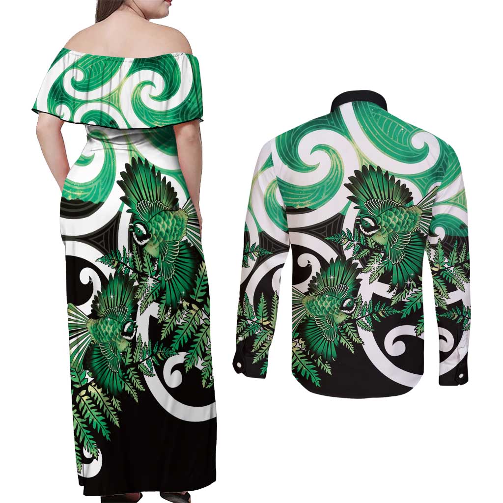 Piwakawaka New Zealand Matariki Couples Matching Off Shoulder Maxi Dress and Long Sleeve Button Shirt Maori New Year Silver Fern Green Galaxy LT14 - Polynesian Pride