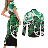 Piwakawaka New Zealand Matariki Couples Matching Short Sleeve Bodycon Dress and Long Sleeve Button Shirt Maori New Year Silver Fern Green Galaxy LT14 - Polynesian Pride