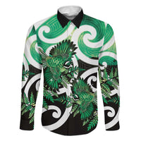 Piwakawaka New Zealand Matariki Family Matching Off The Shoulder Long Sleeve Dress and Hawaiian Shirt Maori New Year Silver Fern Green Galaxy LT14 Dad's Shirt - Long Sleeve Green - Polynesian Pride