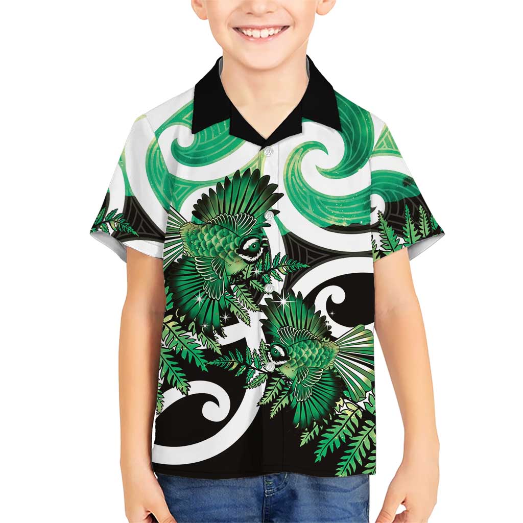 Piwakawaka New Zealand Matariki Family Matching Off Shoulder Maxi Dress and Hawaiian Shirt Maori New Year Silver Fern Green Galaxy LT14 Son's Shirt Green - Polynesian Pride