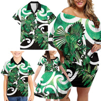 Piwakawaka New Zealand Matariki Family Matching Off Shoulder Short Dress and Hawaiian Shirt Maori New Year Silver Fern Green Galaxy LT14 - Polynesian Pride