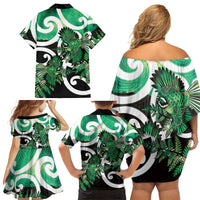 Piwakawaka New Zealand Matariki Family Matching Off Shoulder Short Dress and Hawaiian Shirt Maori New Year Silver Fern Green Galaxy LT14 - Polynesian Pride