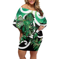 Piwakawaka New Zealand Matariki Family Matching Off Shoulder Short Dress and Hawaiian Shirt Maori New Year Silver Fern Green Galaxy LT14 Mom's Dress Green - Polynesian Pride