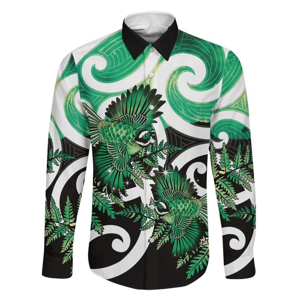Piwakawaka New Zealand Matariki Family Matching Puletasi and Hawaiian Shirt Maori New Year Silver Fern Green Galaxy LT14 Dad's Shirt - Long Sleeve Green - Polynesian Pride