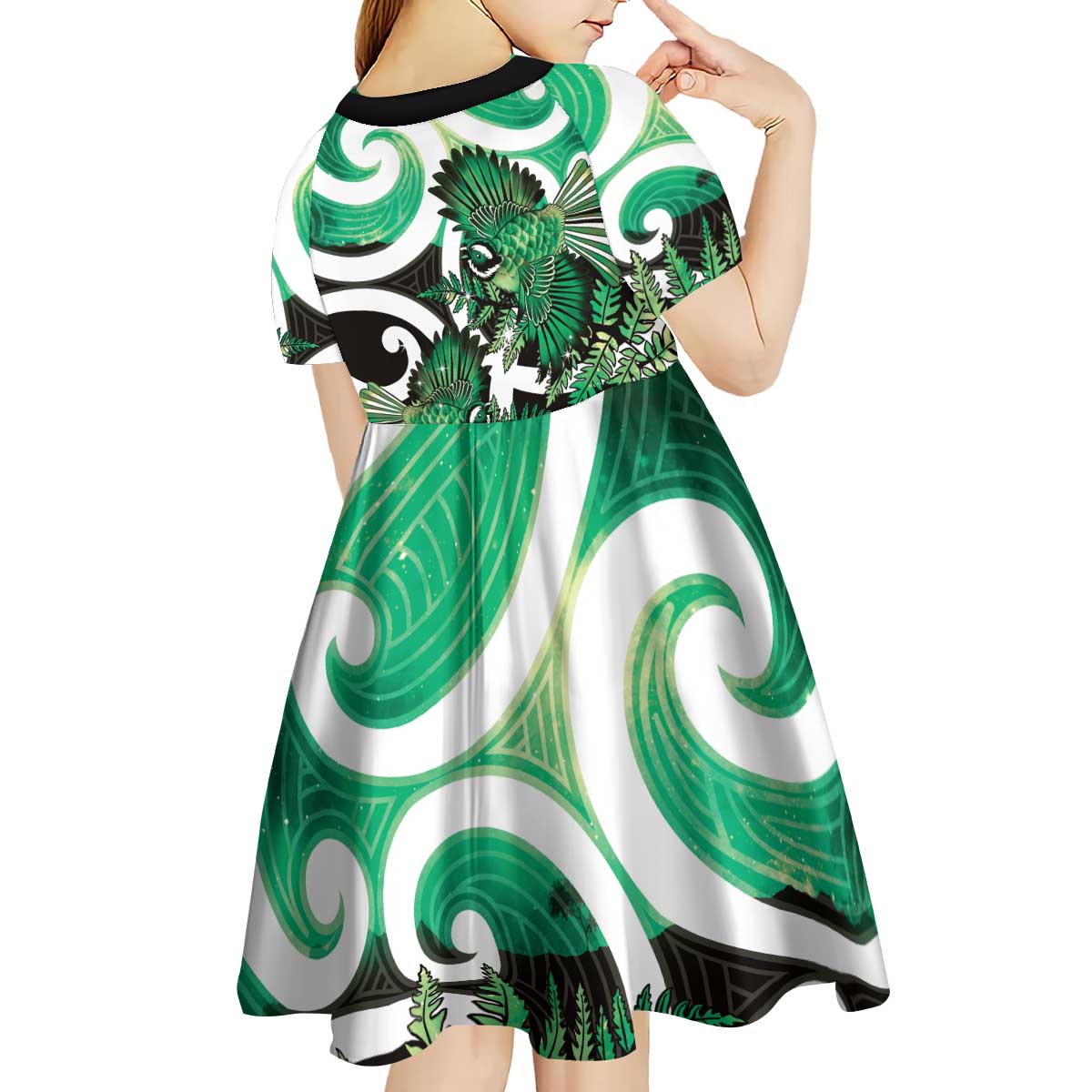 Piwakawaka New Zealand Matariki Kid Short Sleeve Dress Maori New Year Silver Fern Green Galaxy LT14 - Polynesian Pride