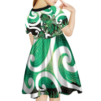Piwakawaka New Zealand Matariki Kid Short Sleeve Dress Maori New Year Silver Fern Green Galaxy LT14 - Polynesian Pride