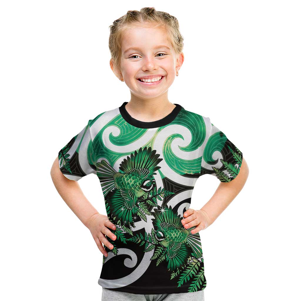 Piwakawaka New Zealand Matariki Kid T Shirt Maori New Year Silver Fern Green Galaxy LT14 Green - Polynesian Pride