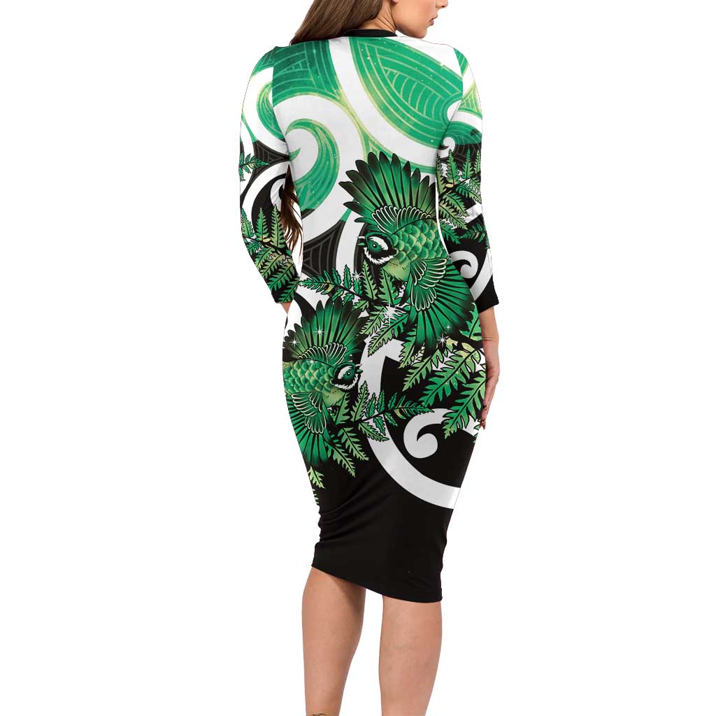 Piwakawaka New Zealand Matariki Long Sleeve Bodycon Dress Maori New Year Silver Fern Green Galaxy LT14 - Polynesian Pride