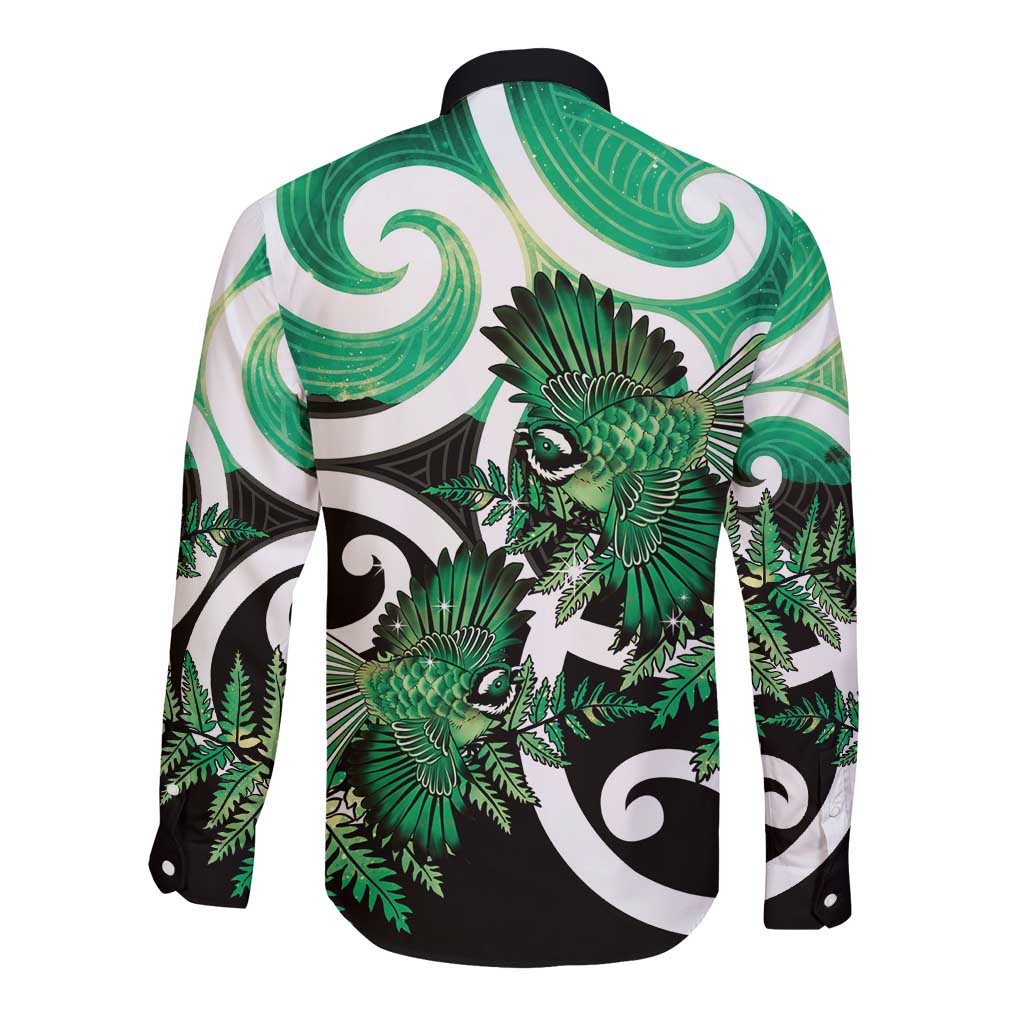 Piwakawaka New Zealand Matariki Long Sleeve Button Shirt Maori New Year Silver Fern Green Galaxy LT14 - Polynesian Pride