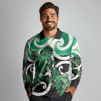 Piwakawaka New Zealand Matariki Long Sleeve Polo Shirt Maori New Year Silver Fern Green Galaxy LT14 - Polynesian Pride