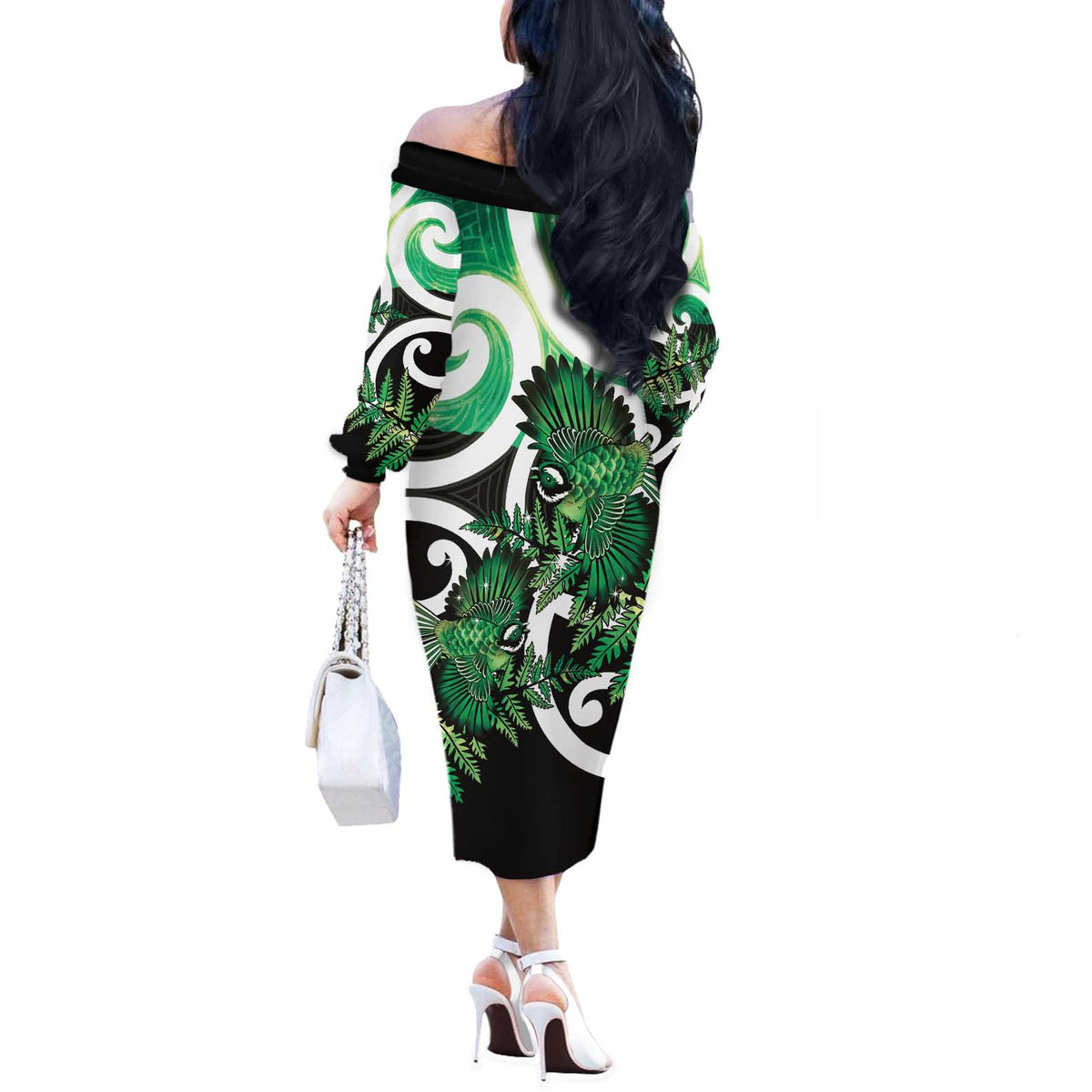 Piwakawaka New Zealand Matariki Off The Shoulder Long Sleeve Dress Maori New Year Silver Fern Green Galaxy LT14 - Polynesian Pride