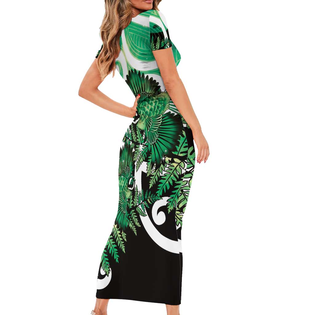 Piwakawaka New Zealand Matariki Short Sleeve Bodycon Dress Maori New Year Silver Fern Green Galaxy LT14 - Polynesian Pride