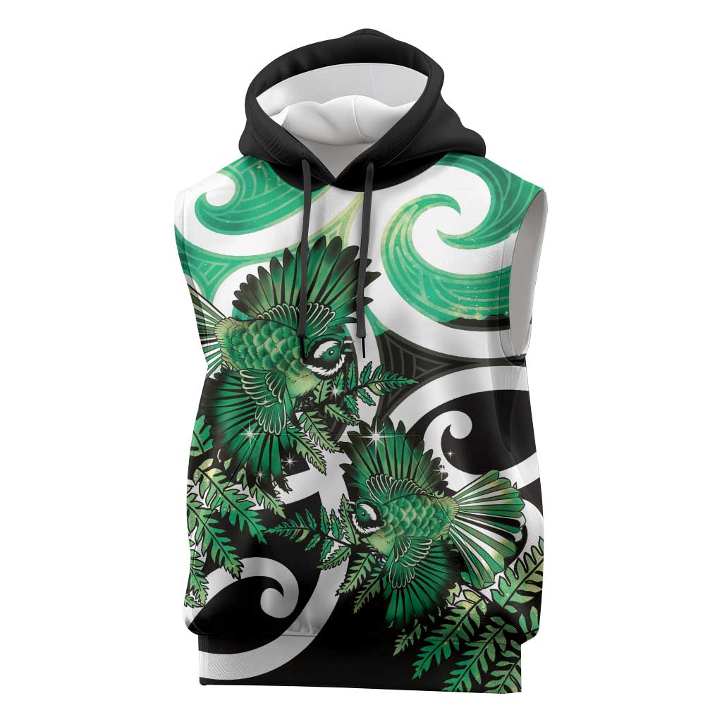 Piwakawaka New Zealand Matariki Sleeveless Hoodie Maori New Year Silver Fern Green Galaxy