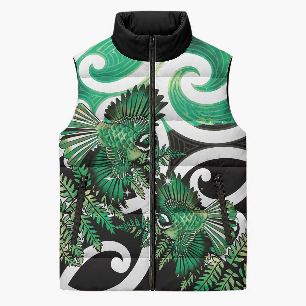 Piwakawaka New Zealand Matariki Sleeveless Puffer Jacket Maori New Year Silver Fern Green Galaxy LT14 Unisex Green - Polynesian Pride