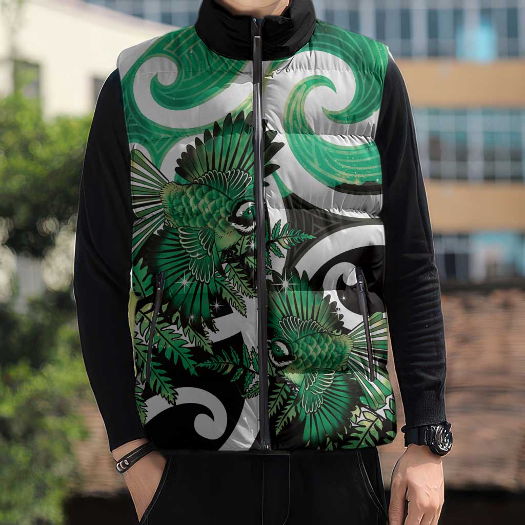 Piwakawaka New Zealand Matariki Sleeveless Puffer Jacket Maori New Year Silver Fern Green Galaxy LT14 - Polynesian Pride