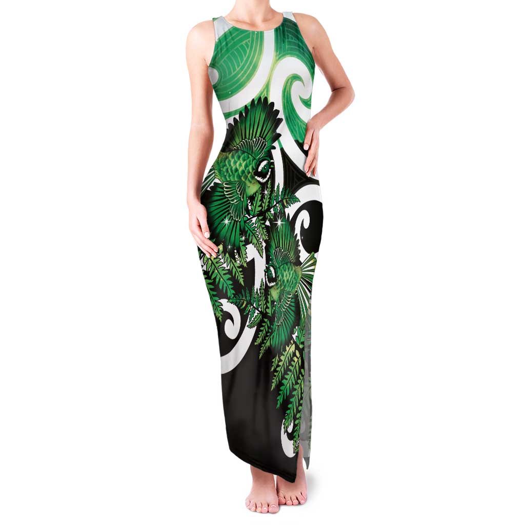 Piwakawaka New Zealand Matariki Tank Maxi Dress Maori New Year Silver Fern Green Galaxy LT14 Women Green - Polynesian Pride