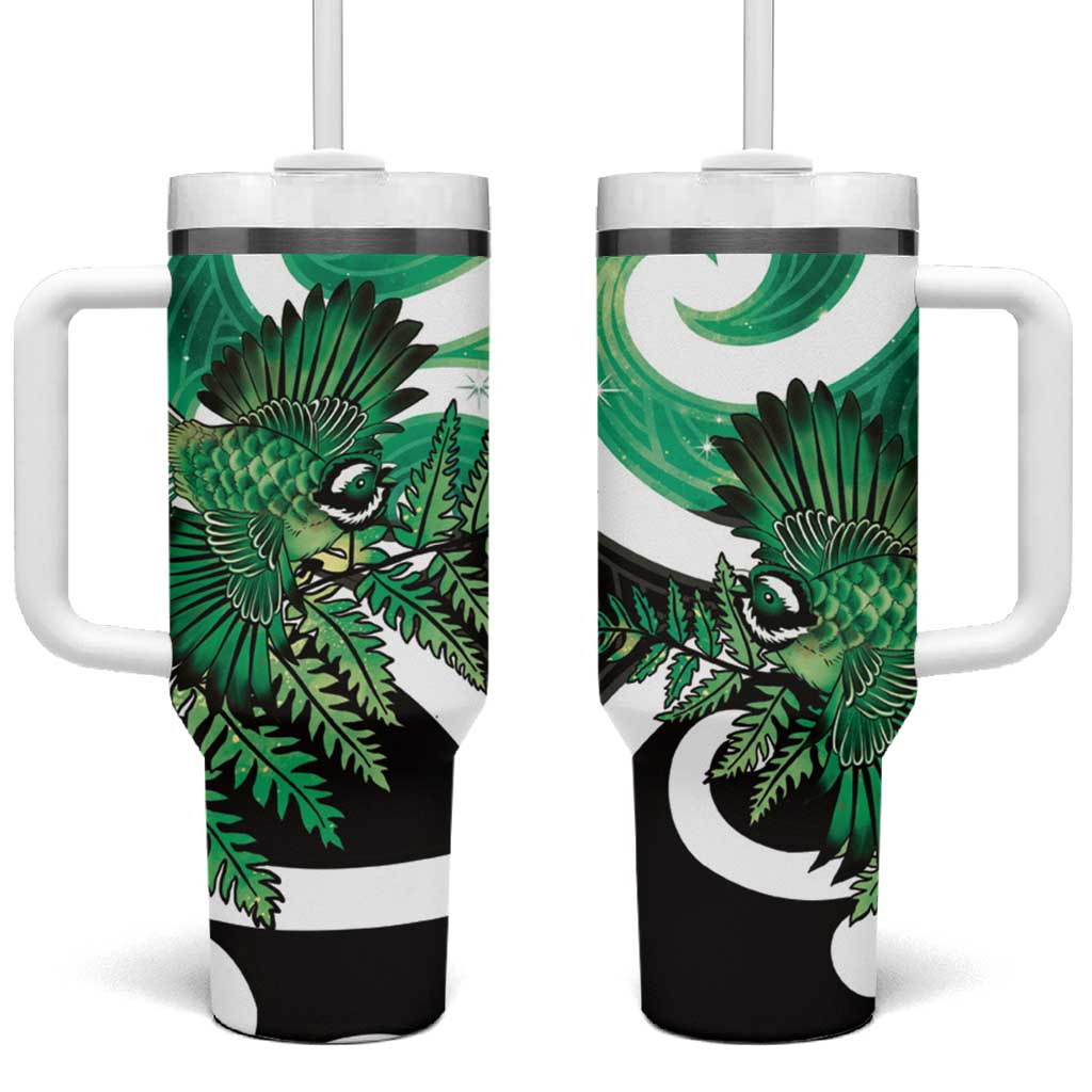 Piwakawaka New Zealand Matariki Tumbler With Handle Maori New Year Silver Fern Green Galaxy