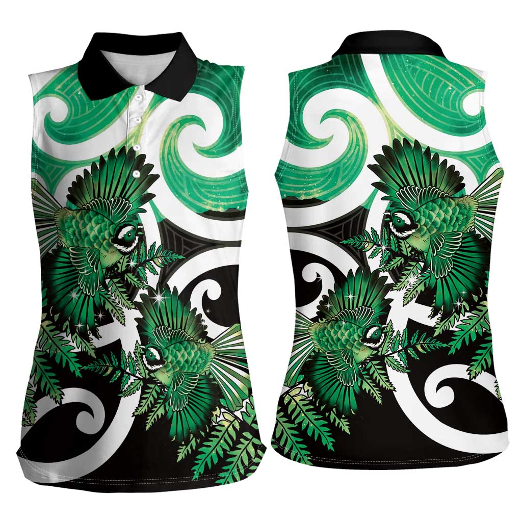 Piwakawaka New Zealand Matariki Women Sleeveless Polo Shirt Maori New Year Silver Fern Green Galaxy LT14 - Polynesian Pride