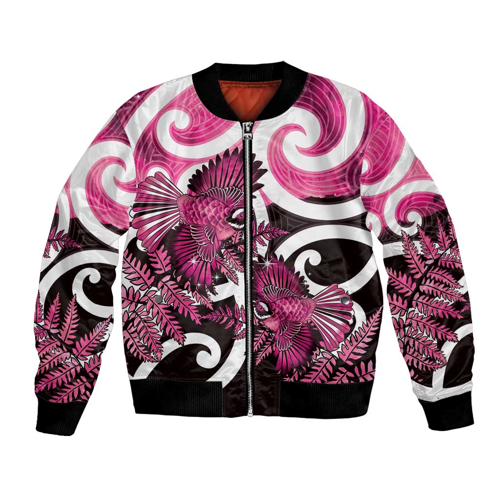Piwakawaka New Zealand Matariki Bomber Jacket Maori New Year Silver Fern Pink Galaxy