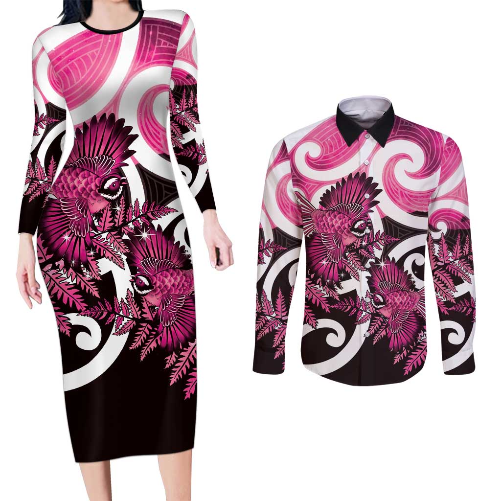 Piwakawaka New Zealand Matariki Couples Matching Long Sleeve Bodycon Dress and Long Sleeve Button Shirt Maori New Year Silver Fern Pink Galaxy