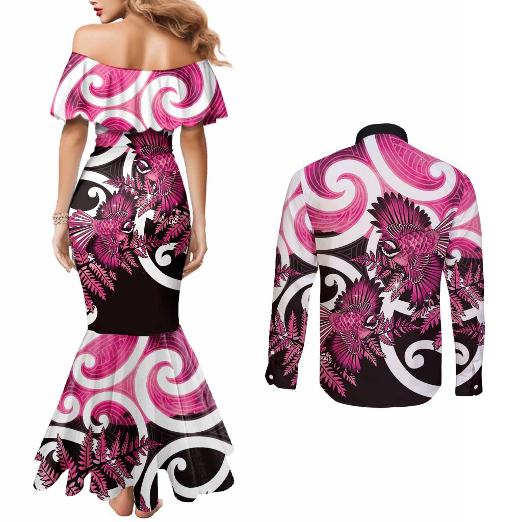 Piwakawaka New Zealand Matariki Couples Matching Mermaid Dress and Long Sleeve Button Shirt Maori New Year Silver Fern Pink Galaxy LT14 - Polynesian Pride