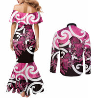Piwakawaka New Zealand Matariki Couples Matching Mermaid Dress and Long Sleeve Button Shirt Maori New Year Silver Fern Pink Galaxy LT14 - Polynesian Pride
