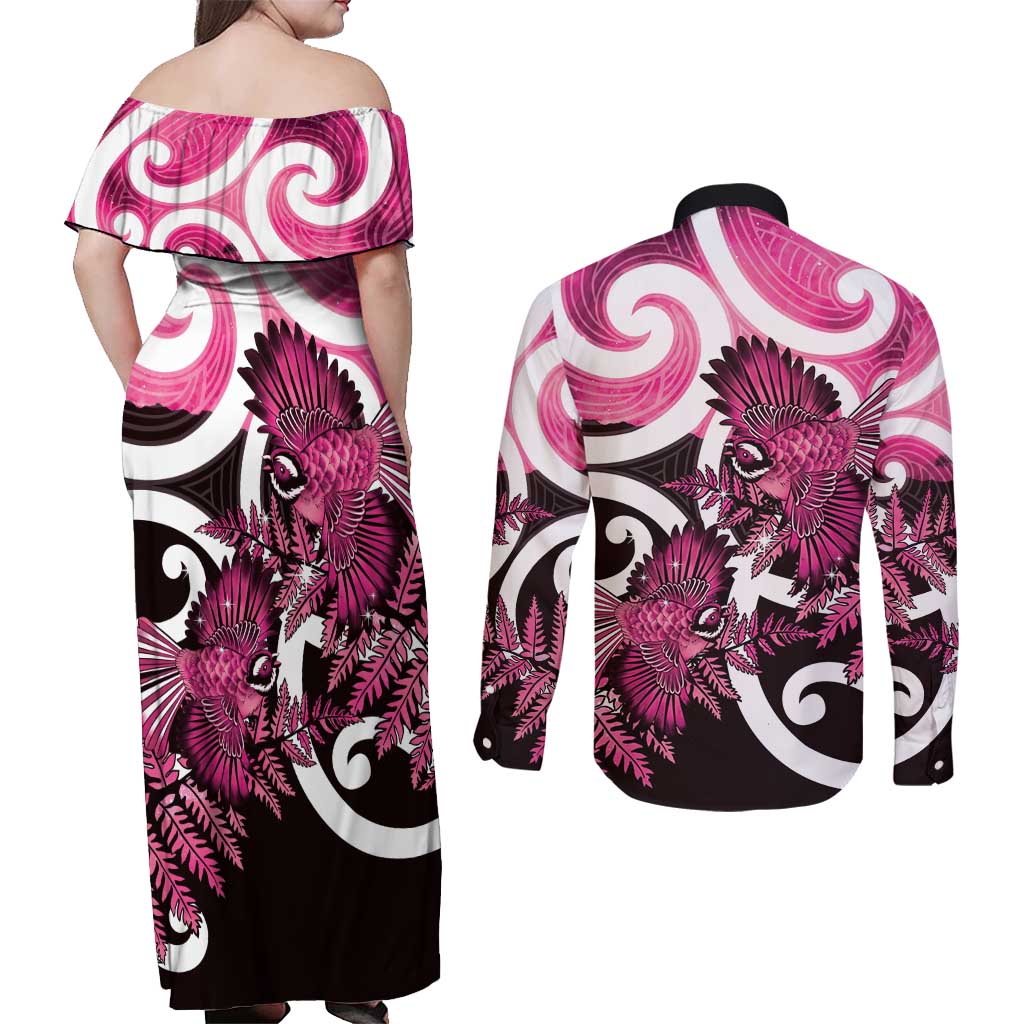 Piwakawaka New Zealand Matariki Couples Matching Off Shoulder Maxi Dress and Long Sleeve Button Shirt Maori New Year Silver Fern Pink Galaxy LT14 - Polynesian Pride